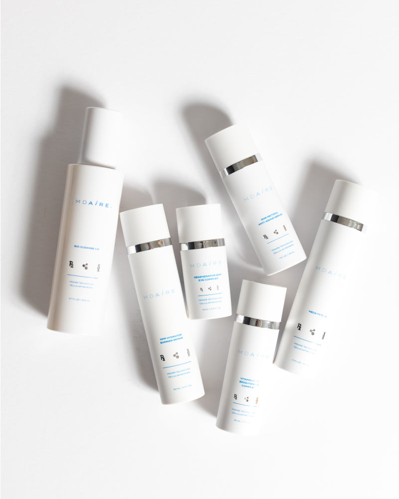 Complete System Bundle with six sleek white MDAiRE skincare bottles arranged on a bright white surface gallery position 1