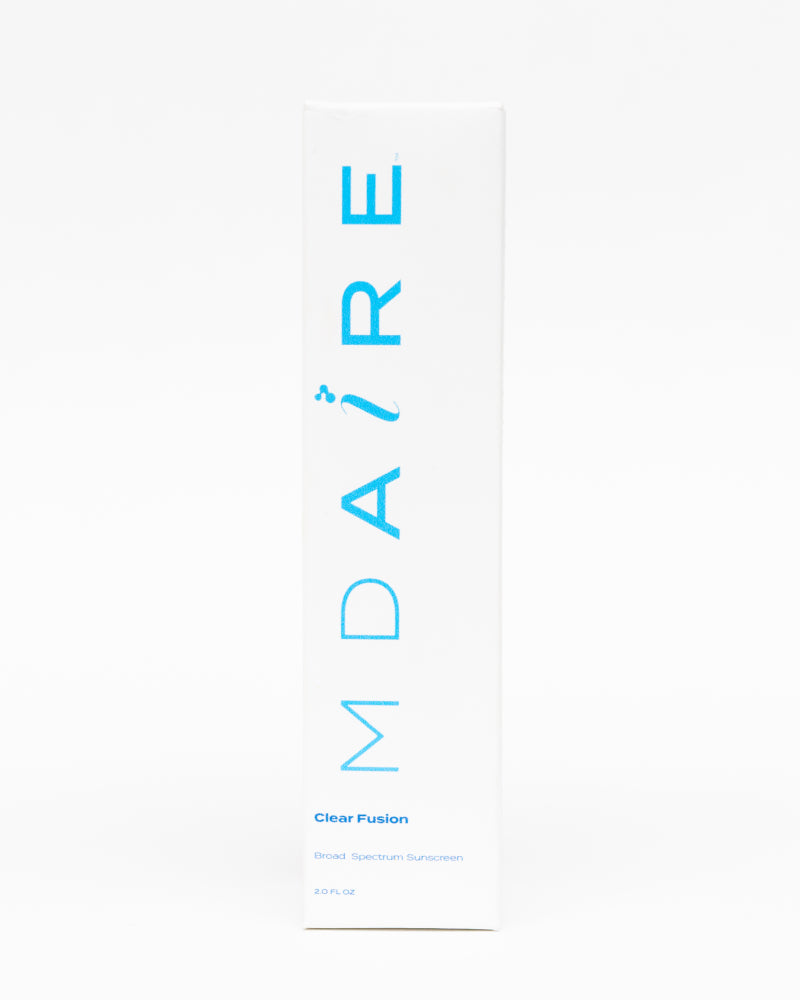 Clear Fusion Sunscreen packaging box with blue MDAiRE lettering on white background gallery position 1