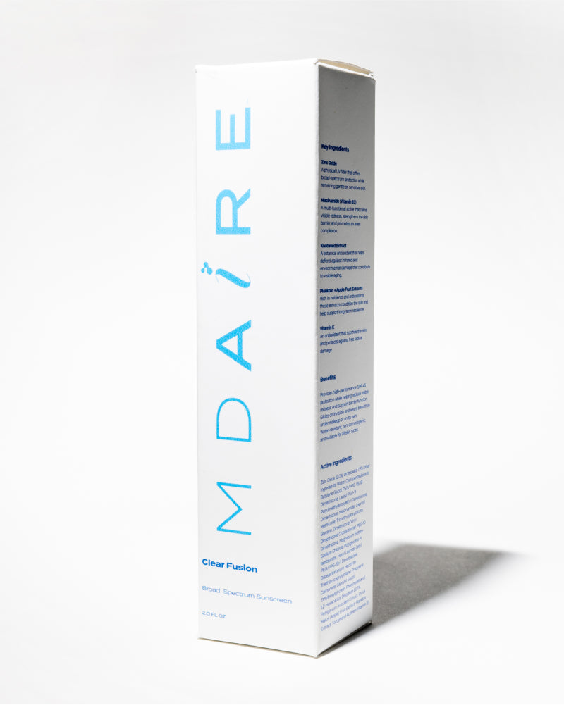 Clear Fusion Sunscreen packaging box showing blue MDAiRE lettering and product details, gallery position 1