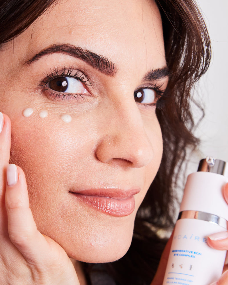 Close-up of woman applying Everyday Hydration Duo eye cream dots under eye in gallery position 1