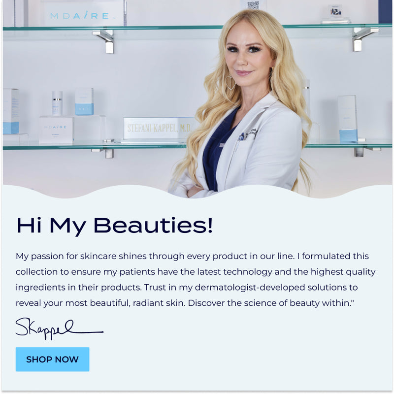 Stefani Kappel standing in front of shelves at her dermatology office with intro text about brand.