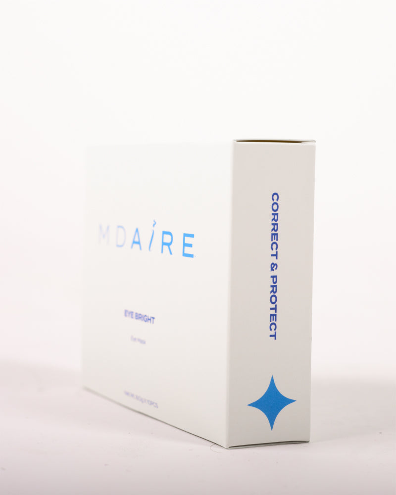 MDAiRE Eye Bright Masks box showing white minimalist design with blue foil text in gallery position 1