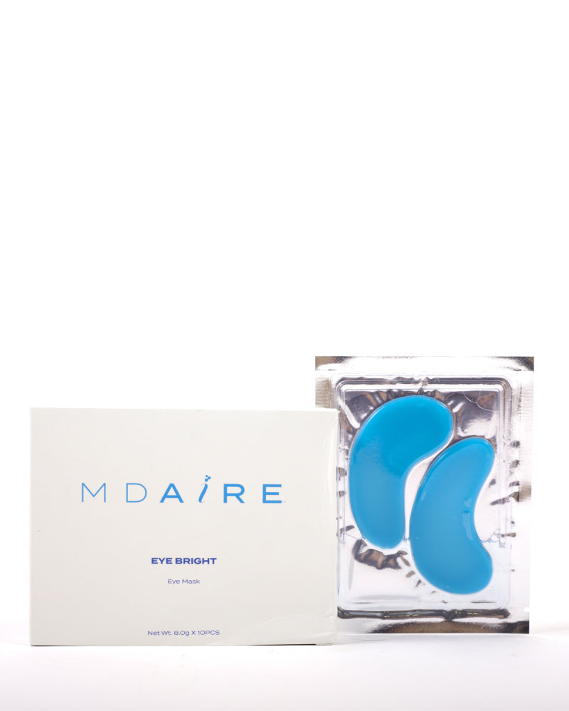 MDAiRE Eye Bright Masks packaging with two vibrant blue hydrogel patches in clear tray gallery position 1