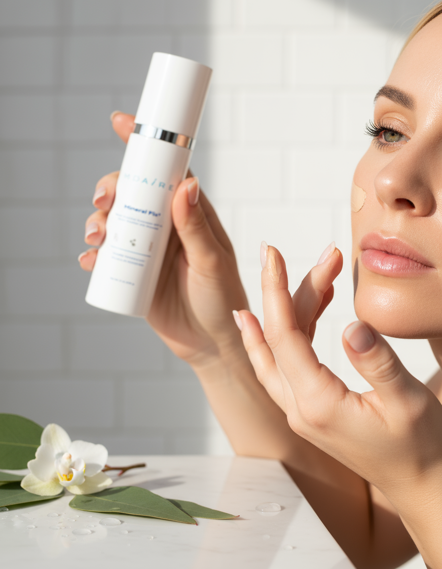 Woman applying tinted Mineral Fix³ Sunscreen to cheek with product bottle in hand against white tile wall gallery position 1