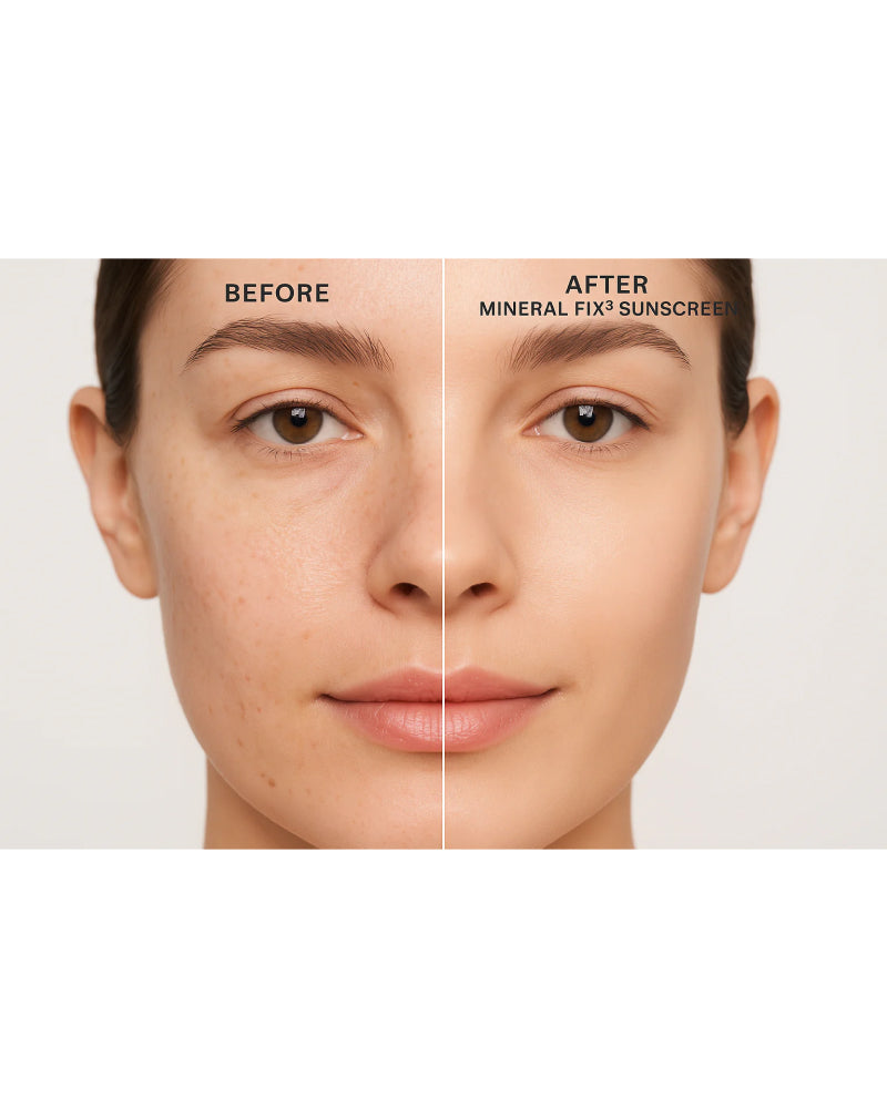 Split-face comparison showing before and after using Mineral Fix³ Sunscreen with tinted mineral SPF 44 gallery position 1