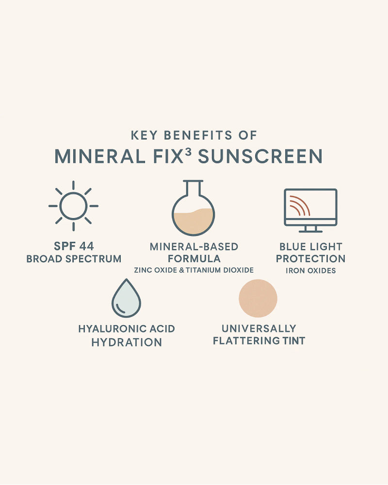 Key benefits of Mineral Fix³ Sunscreen with SPF 44, mineral formula, blue light protection, hydration, and universal tint gallery position 1