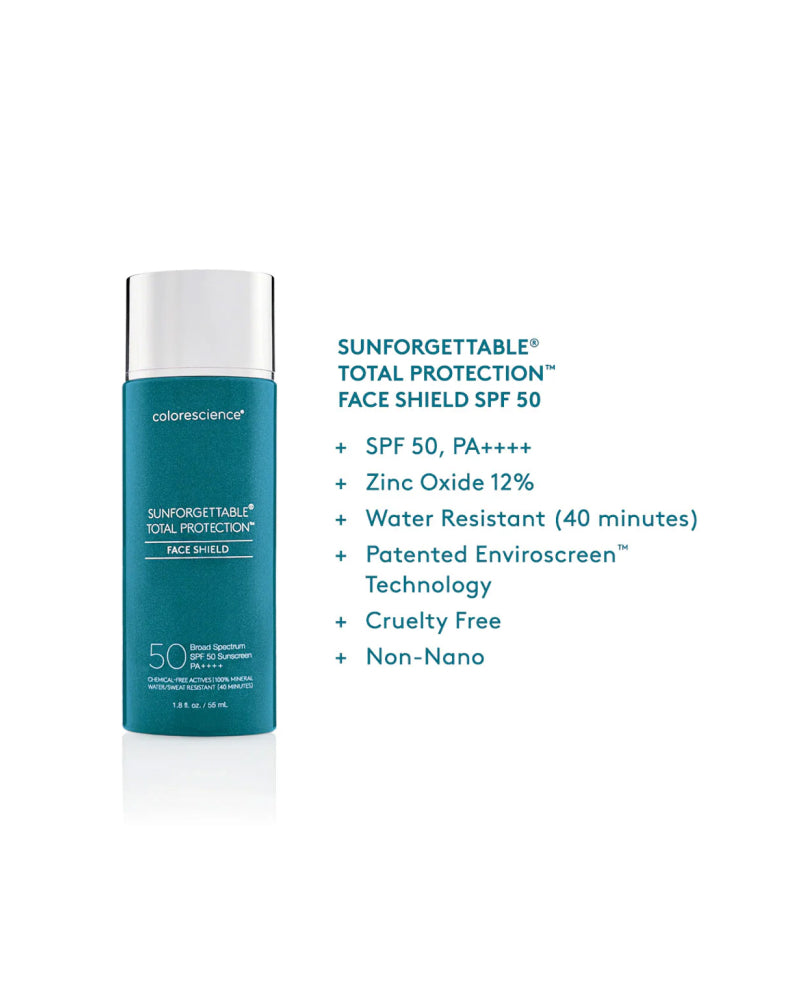 Colorescience Sunforgettable® Total Protection™ Face Shield Classic SPF 50 bottle with key benefits listed gallery position 1