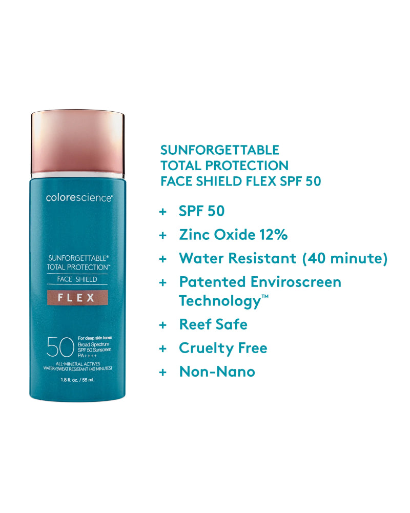 Colorescience Sunforgettable® Total Protection® Face Shield Flex SPF 50 bottle with key benefits listed in gallery position 1